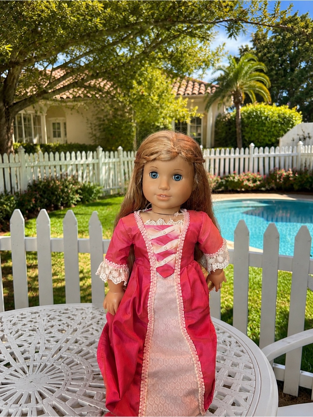 American Girl Doll in Bright Pink Lace-Trimmed Gown